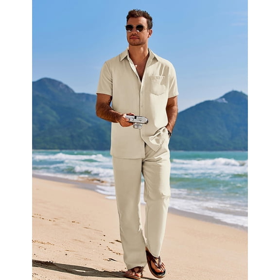 COOFANDY Men Beach Outfits Summer Linen Outfits Sets Loose Long Pants Vacation Outfits Sets 2 Piece Walking Suits