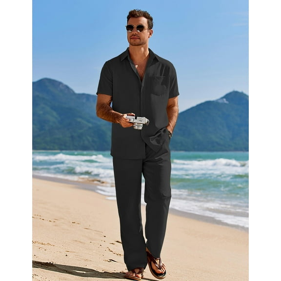 COOFANDY Mens Linen Suits 2 Piece Set Casual Loose Pants Vacation Beach Outfits Short Sleeve Island Shirt Resort