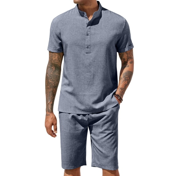COOFANDY Mens 2 Piece Linen Outfit Short Set Casual Shirts and Shorts Summer Beach Outfit