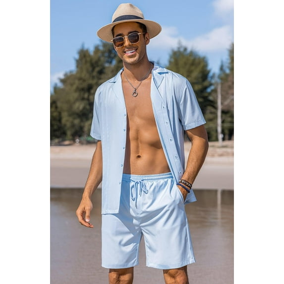 COOFANDY Men's Two Piece Beach Set Short Sleeve Button Up Shirts Summer Cuban Outfit