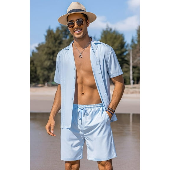 COOFANDY Men's Two Piece Beach Set Short Sleeve Button Up Shirts Summer Cuban Outfit
