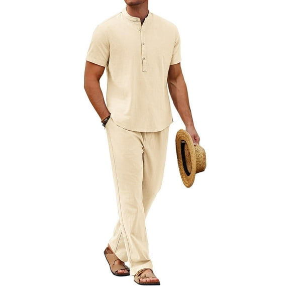 COOFANDY Linen Suit for Men Short Sleeve Vacation Outfits Casual Beach Pants Cotton Loungewear Sets