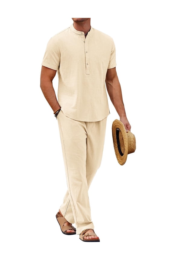 Linen Suit for Men Short Sleeve Vacation Outfits Casual Beach Pants Cotton Loungewear Sets