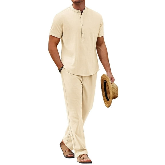 COOFANDY Linen Suit for Men Short Sleeve Vacation Outfits Casual Beach Pants Cotton Loungewear Sets