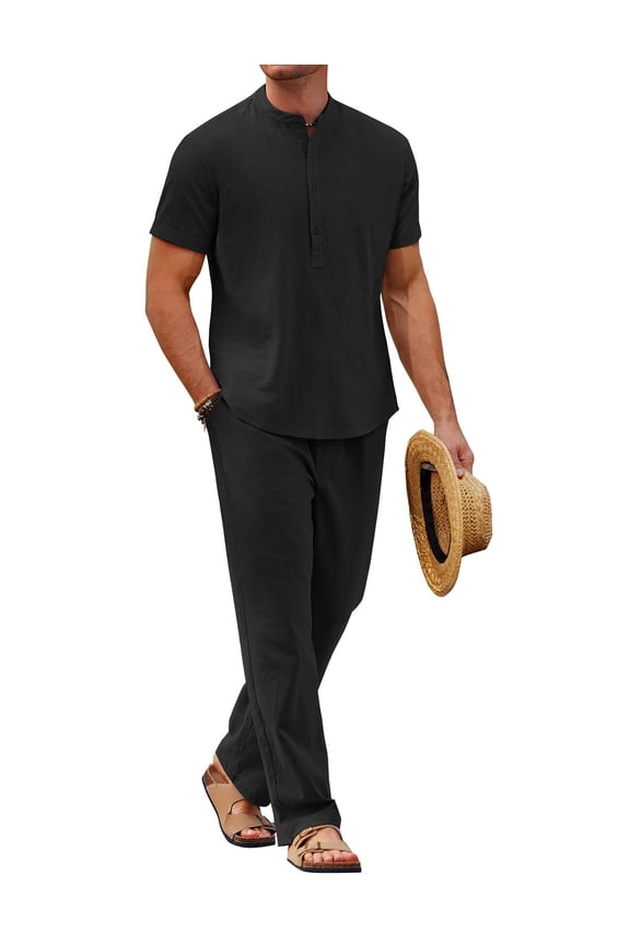 Men Linen Sets Outfits 2 Piece Casual Henley Shirts Casual Yoga Pants Set Hawaiian Beach Outfit