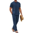 thumbnail image 1 of COOFANDY Men Linen Sets Outfits 2 Piece Casual Henley Shirts Casual Yoga Pants Set Hawaiian Beach Outfit Blue, 1 of 9