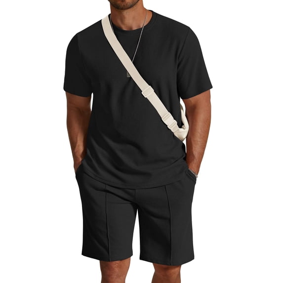 COOFANDY Mens 2 Pieces Outfits Casual Cotton T Shirt and Shorts Set Summer Short Sleeve Waffle Tracksuits