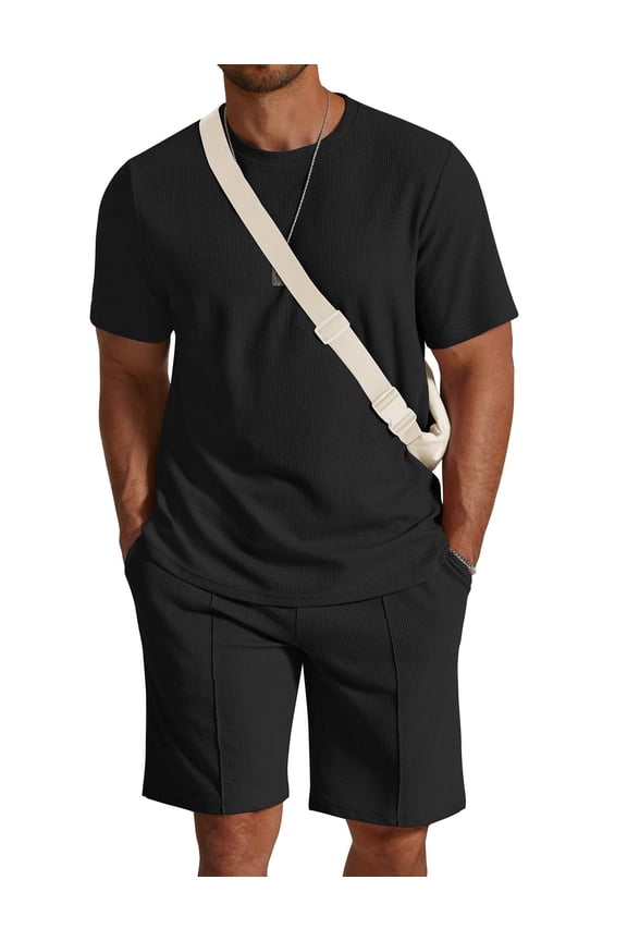 Mens 2 Pieces Outfits Casual Cotton T Shirt and Shorts Set Summer Short Sleeve Waffle Tracksuits