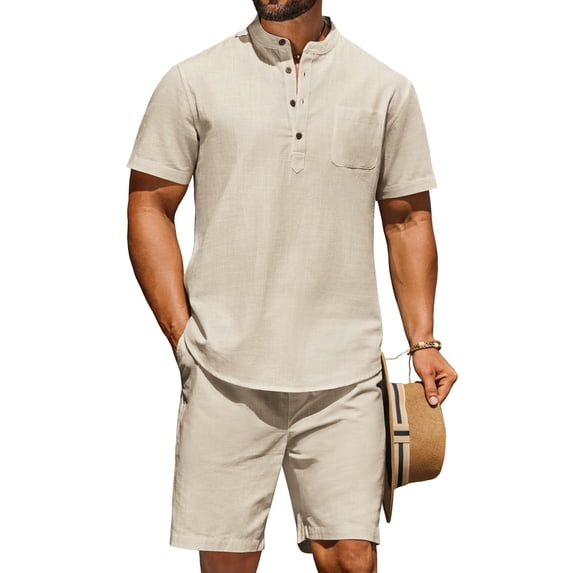 COOFANDY Mens Beach Set 2 Piece Cotton Linen Outfit for Men Short Sets For Summer Vacation Wedding