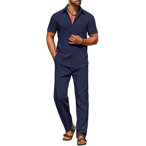 COOFANDY Mens Beach Sets 2 Piece Linen Outfits Vacation Shirts and Pants Matching Sets Summer