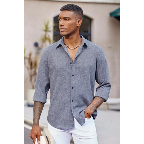 COOFANDY Men's Linen Long Sleeve Button Down Casual Untucked Shirts Button Up Wrinkle Free Oxford Shirts