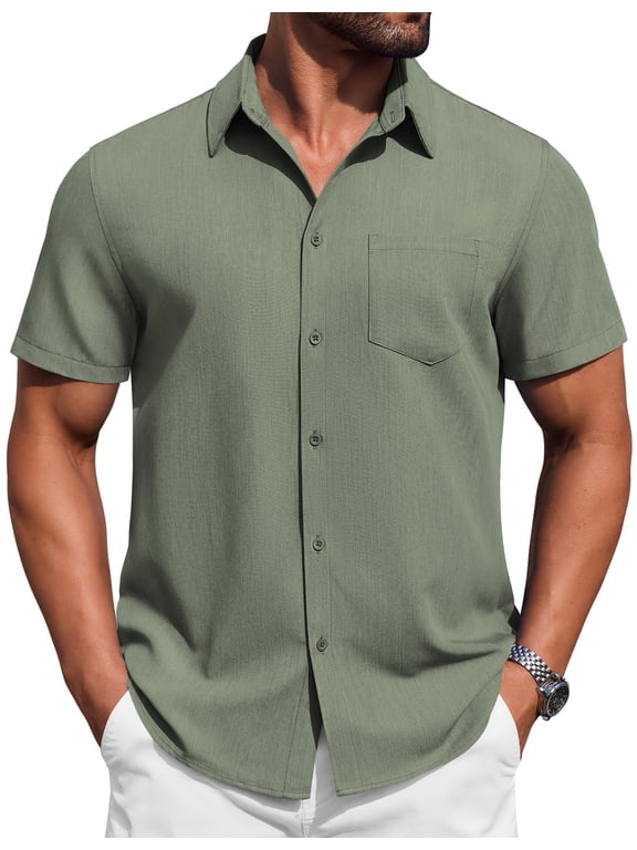 Mens Button Down Short Sleeve Shirt Casual Summer Stretch Dress Shirts Wrinkle Free