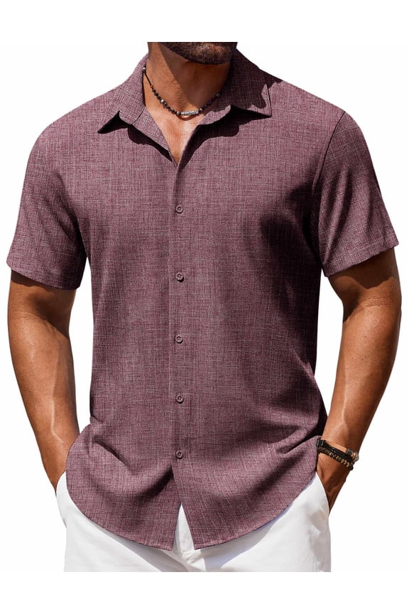 Mens Button Down Short Sleeve Shirt Linen Cotton No Wrinkle Shirts
