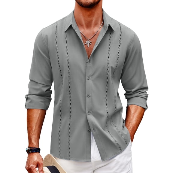 COOFANDY Mens Casual Beach Button Down Shirts Long Sleeve Cuban Camp Guayabera Shirts