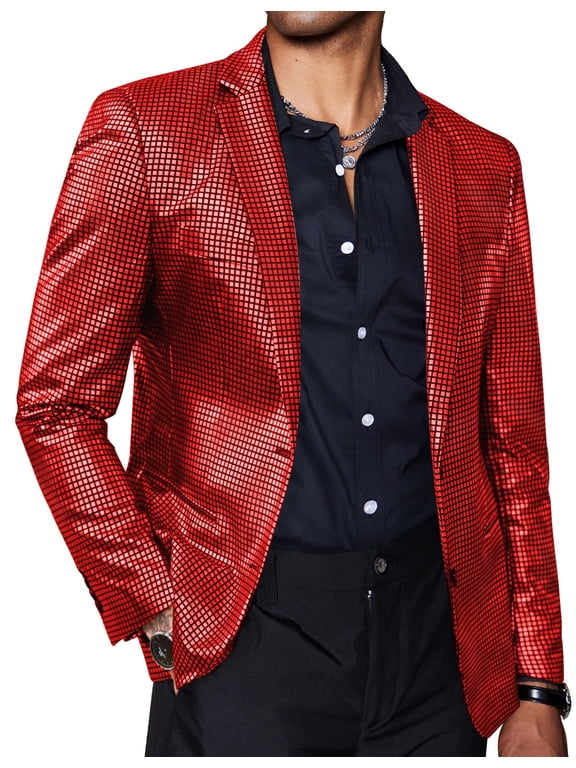 Mens Casual Blazer Valentine's Day Red Metallic Jacket 70s Disco Party Suit Jacket