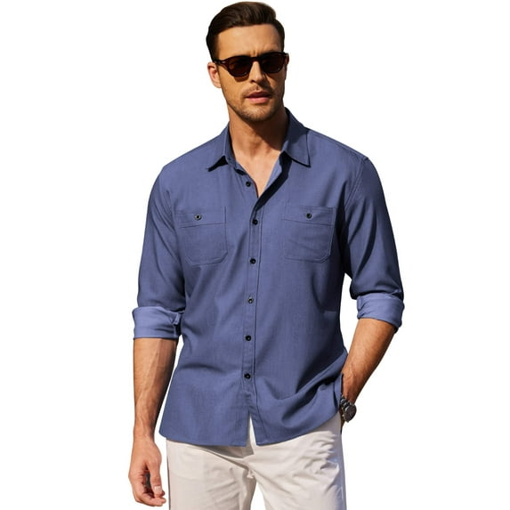 COOFANDY Mens Casual Button Down Shirts Long Sleeve Wrinkle Free Untucked Dress Shirts Navy Blue L