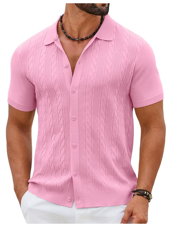 Mens Casual Button Down Shirts Short Sleeve Sweater Knit Polo Shirts Summer Vacation Tops