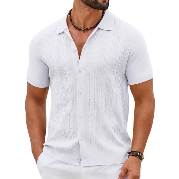 COOFANDY Mens Casual Button Down Shirts Short Sleeve Sweater Knit Polo Shirts Summer Vacation Tops