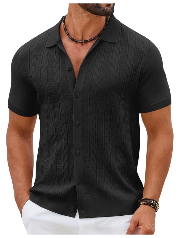 Mens Casual Button Down Shirts Short Sleeve Sweater Knit Polo Shirts Summer Vacation Tops