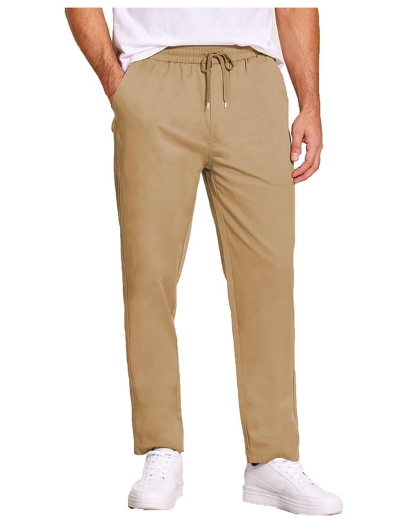 Men's Casual Drawstring Pants Regular Fit Lightweight Stretch Joggers Pants Elastic Waist Twill Pants