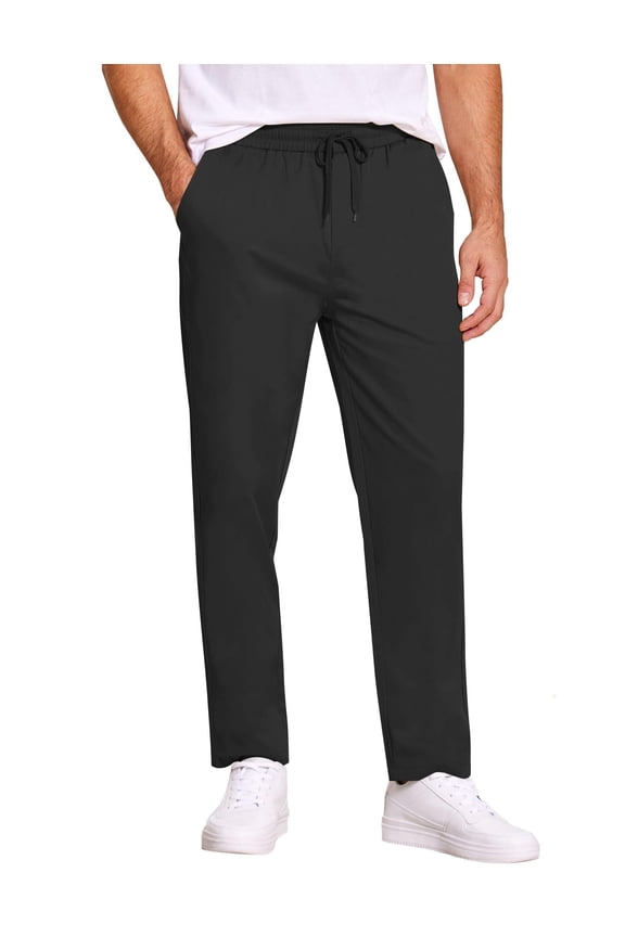 Mens Casual Cotton Pants Regular Fit Elastic Waist Drawstring Twill Pants Straight Leg Chino Pants