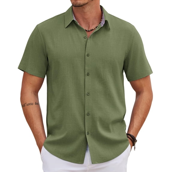 COOFANDY Mens Casual Dress Shirt Short Sleeve Button Up Linen Shirt Summer Clothes
