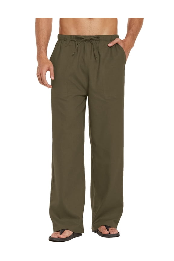 Mens Linen Cotton Loose Casual Lightweight Elastic Waist Straight Pants