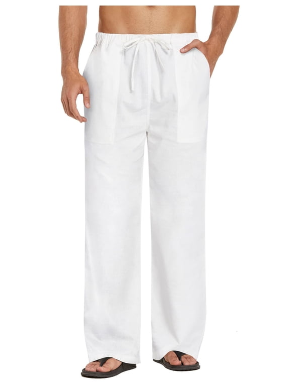 Men's Cotton Linen Pants Elastic Waist Linen Dress Pants Big and Tall Linen Pants