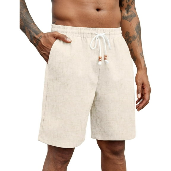 COOFANDY Mens Casual Linen Shorts Drawstring Elastic Waist Loose Fit Summer Beach Shorts L