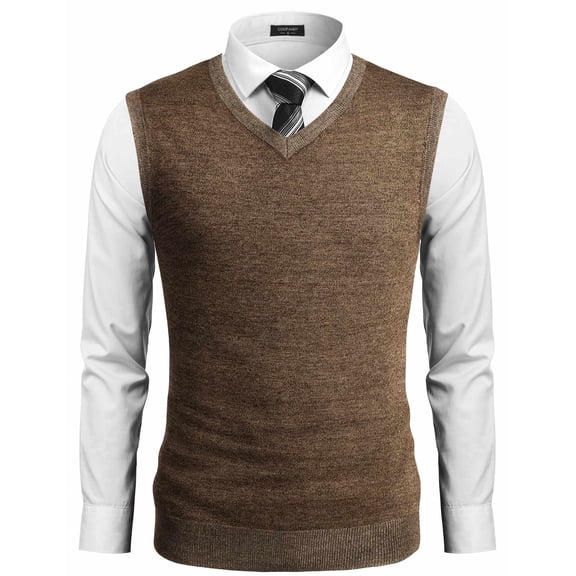COOFANDY Mens Casual Sweater Vest Lightweight V-Neck Solid Knit Vest Brown