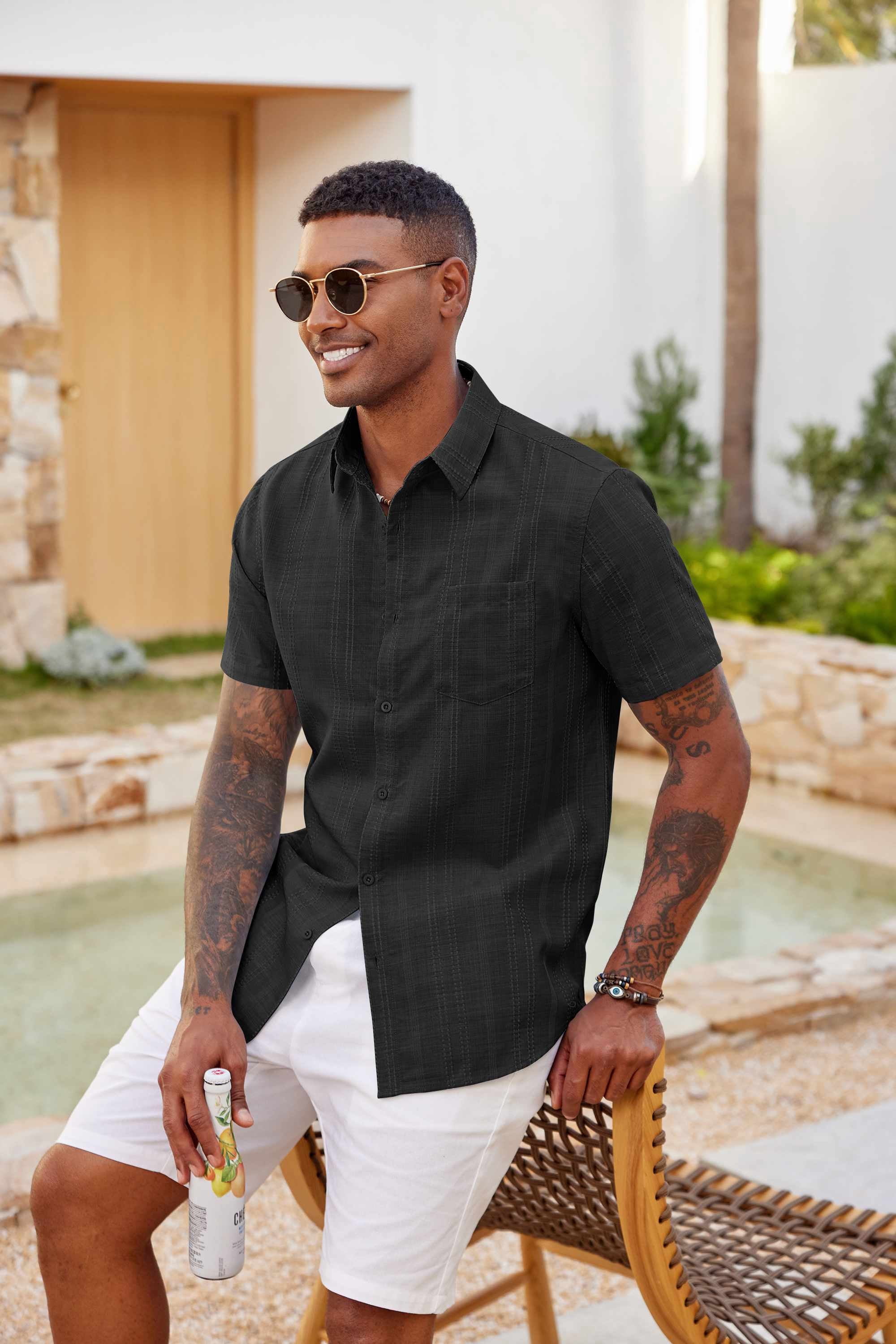 beach dress shirts COOFANDY Mens Casual Textured Button Down Shirt Short Sleeve Vacation Shirts with Pocket Color:As Photo SCROLL THE PHOTOS fancy prom dresses Day to Night Outfit