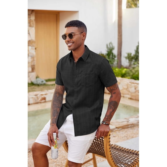 COOFANDY Mens Casual Textured Button Down Shirt Short Sleeve Dress Shirts Vacation Beach Shirts with Pocket