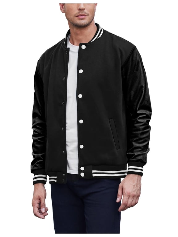 Mens Casual Varsity Jacket Football Bomber Jackets Leather Sleeve Letterman Jackets Coats