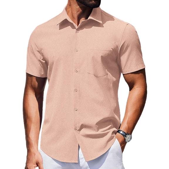 COOFANDY Mens Casual Wrinkle Free Shirts Untucked Short Sleeve Button Down Summer Light Weight Collared Dress Shirt Peach