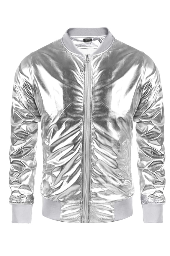 Men's Metallic Jacket 70s 80s 90s Disco Dance Party Costume Shiny Varsity Zipper Baseball Bomber Jacket