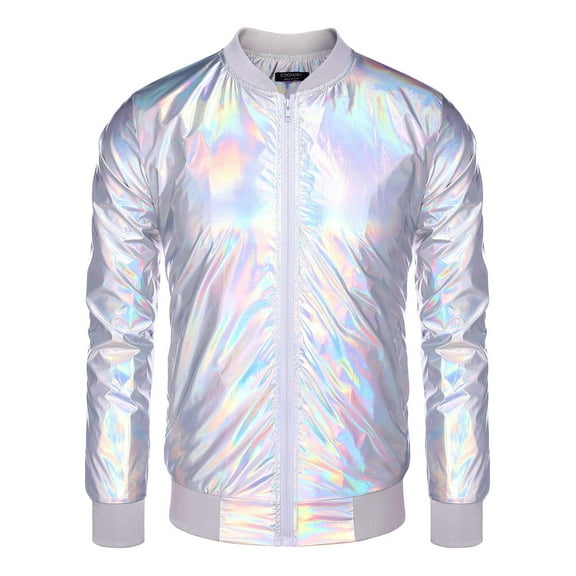 COOFANDY Men's Metallic Jacket 70s 80s 90s Disco Dance Party Costume Shiny Varsity Zipper Baseball Bomber Jacket