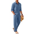 thumbnail image 1 of COOFANDY Mens Coordinated Outfit 2 Piece Linen Sets Casual Long Sleeve Button Down Cuban Shirt and Loose Pants Set Beach Vacation, 1 of 6