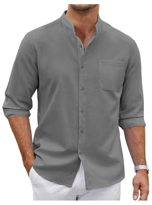 Mens Linen Dress Shirts Long Sleeve Band Collar Shirt Casual Summer Solid Tops
