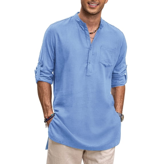 COOFANDY Mens Cotton Linen Shirts Long Sleeve Collarless Henley Shirts Casual Kurta Indian Shirts with Pocket