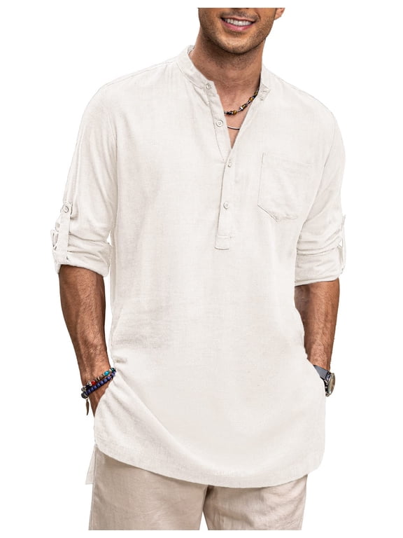 Mens Cotton Linen Shirts Long Sleeve Collarless Henley Shirts Casual Kurta Indian Shirts with Pocket