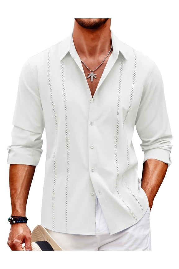 Mens Casual Beach Button Down Shirts Long Sleeve Cuban Camp Guayabera Shirts