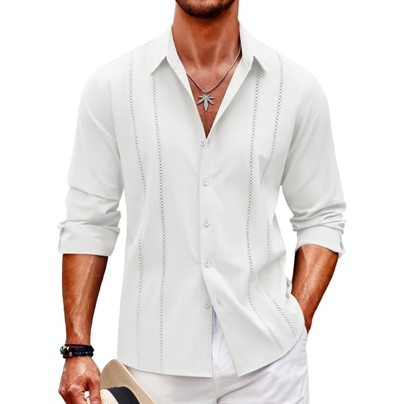 COOFANDY Mens Cuban Guayabera Shirt Casual Button Down Shirts Long Sleeve Beach Linen Shirts