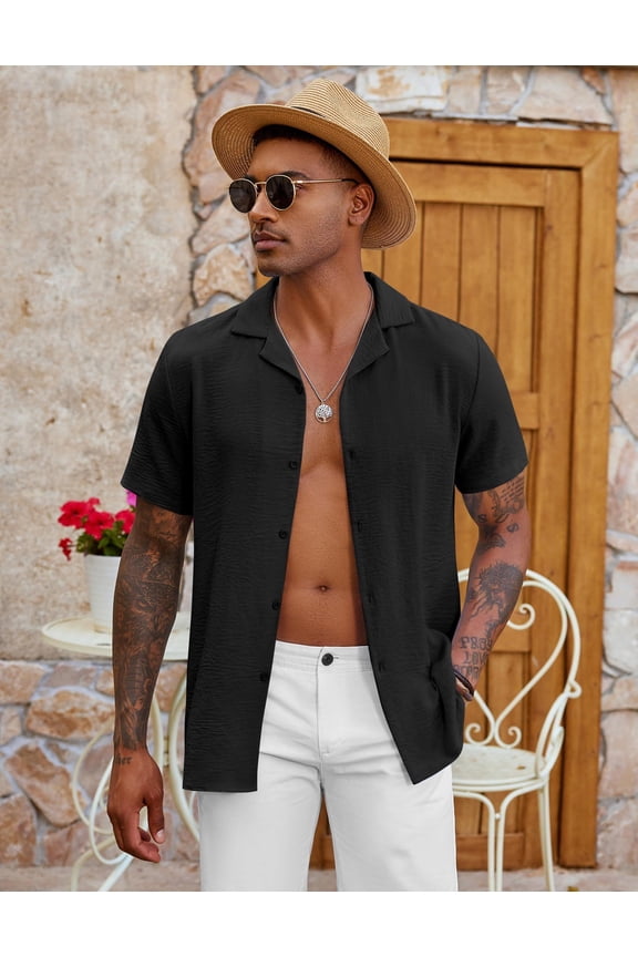 Mens Cuban Guayabera Shirts Short Sleeve Linen Shirt Loose Fit Camp Collar Shirt