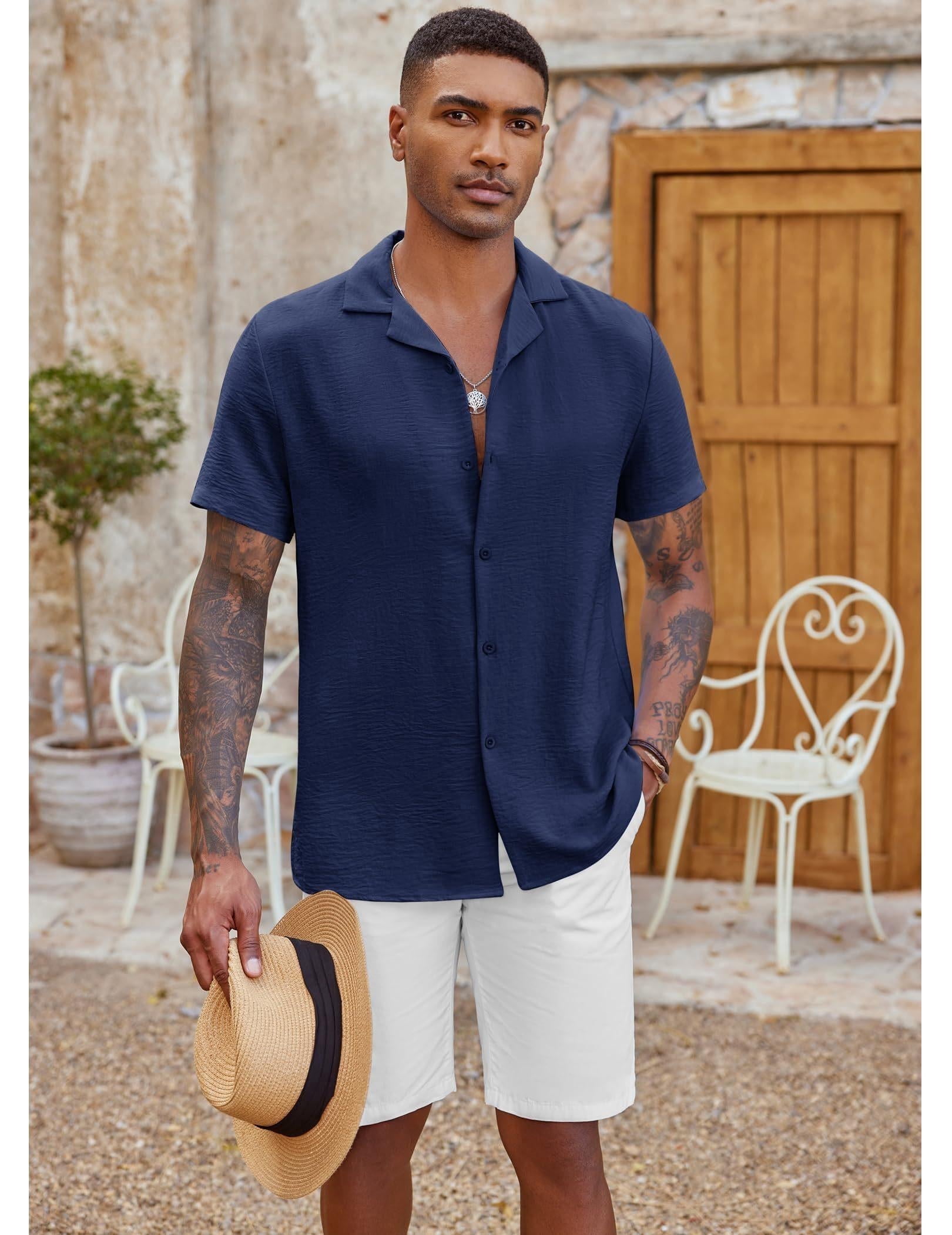 COOFANDY Mens Cuban Guayabera Shirts Short Sleeve Linen Shirt Loose Fit Camp Collar Shirt