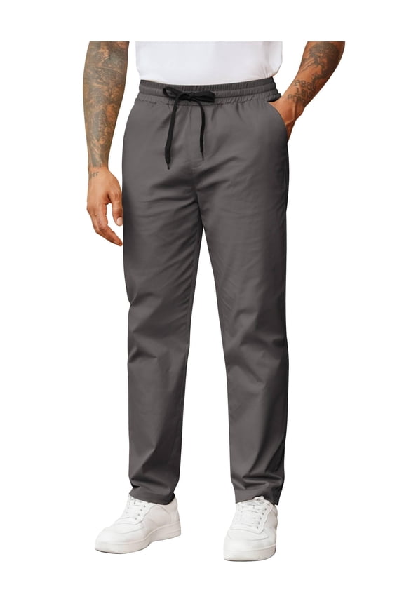 Mens Drawstring Pants Casual Cotton Twill Elastic Waistband Work Pants Relaxed Fit Chino Trousers with Pockets