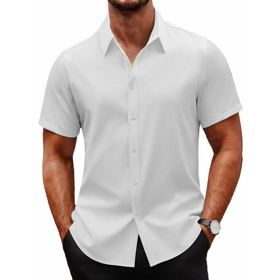COOFANDY Mens Dress Shirt Short Sleeve Business Shirt Wrinkle-Free Button Down Shirt off White L