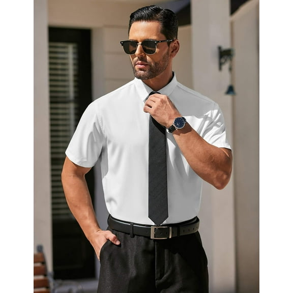 COOFANDY Mens White Button Down Shirt Short Sleeve Business Dress Shirt Regular Fit Wrinkle Free