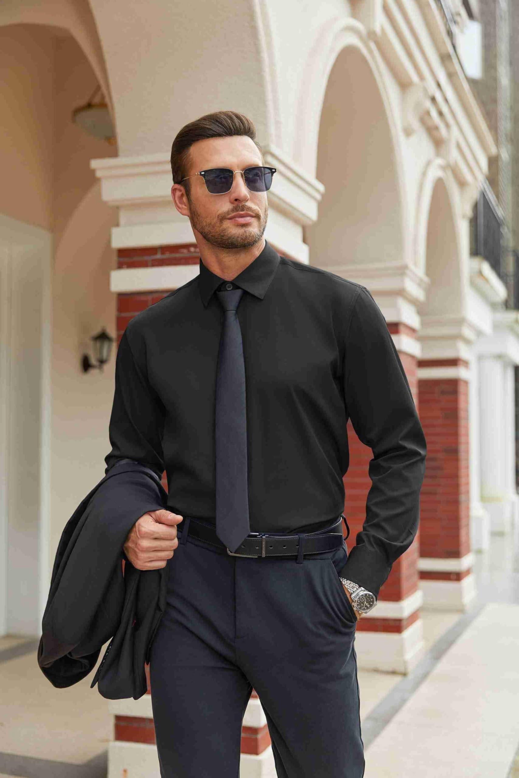black formal dress men Barry. Wang Long Sleeve Shirt for Satin Business Butt Dinner Party Men's Black Modern Wedding &