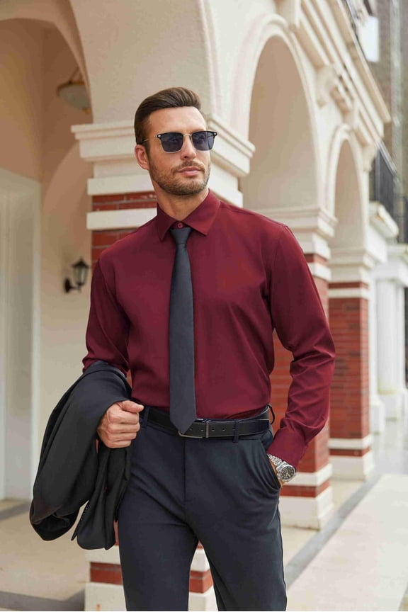 Men's Dress Shirt Regular Fit Soild Business Formal Long Sleeve Button Up Stretch Shirts
