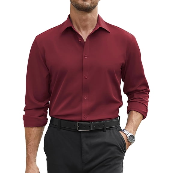 COOFANDY Mens Dress Shirts Wrinkle Free Long Sleeve Button Down Shirt Formal Business Shirts A Black L Darck Red XXL